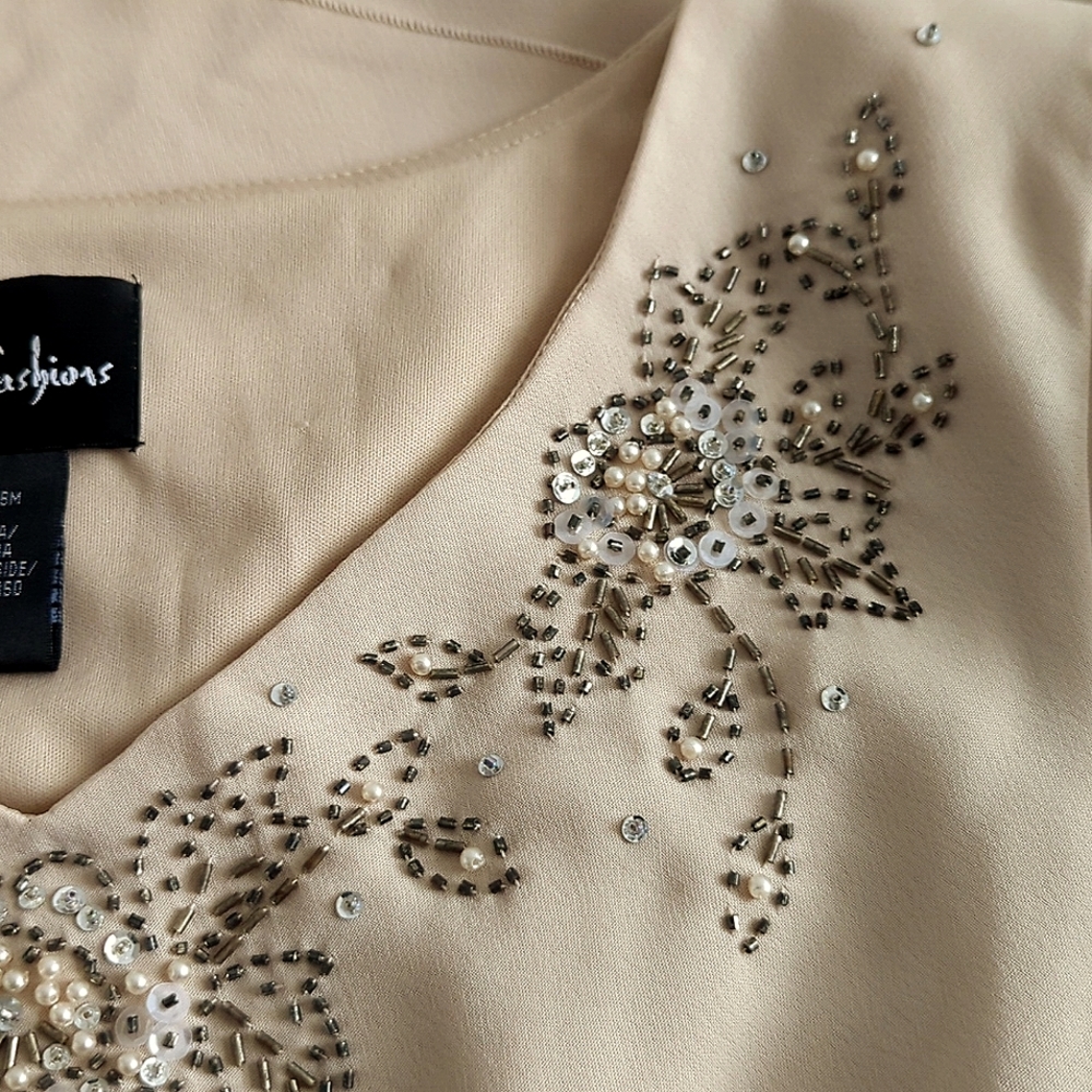 S.L. Fashion Cream Beaded Flutter Sleeve Midi Cocktail Dress Size 16 - Picture 7 of 10
